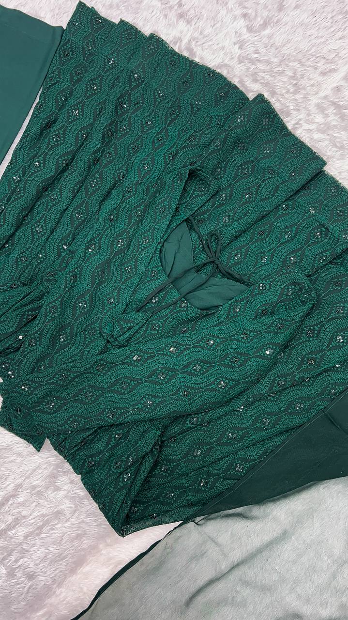 Green Elegant Lucknowi Sequin Work Anarkali Set with Ruffle Dupatta & Pant | Full Stitched Ready-to-Wear Fox Georgette Gown ClothsVilla