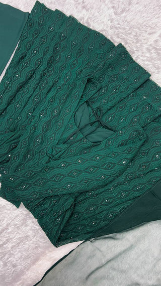 Green Elegant Lucknowi Sequin Work Anarkali Set with Ruffle Dupatta & Pant | Full Stitched Ready-to-Wear Fox Georgette Gown ClothsVilla