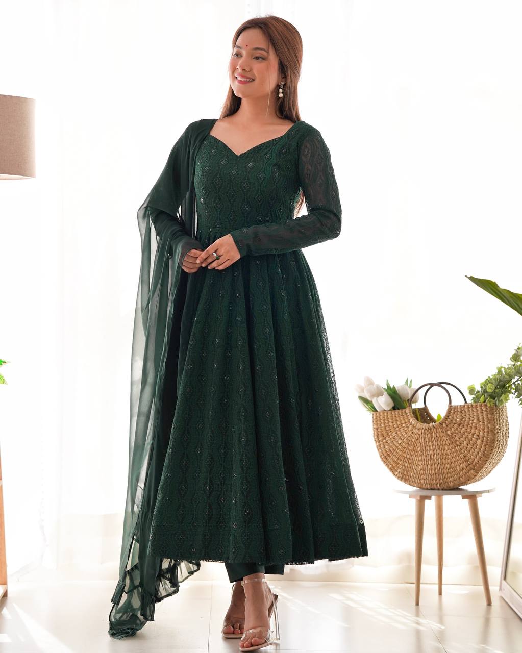 Green Elegant Lucknowi Sequin Work Anarkali Set with Ruffle Dupatta & Pant | Full Stitched Ready-to-Wear Fox Georgette Gown ClothsVilla