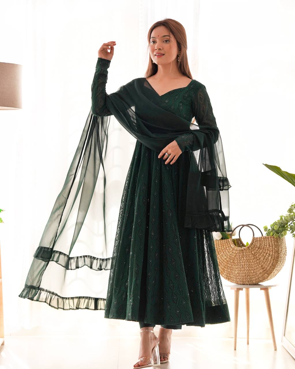 Green Elegant Lucknowi Sequin Work Anarkali Set with Ruffle Dupatta & Pant | Full Stitched Ready-to-Wear Fox Georgette Gown ClothsVilla