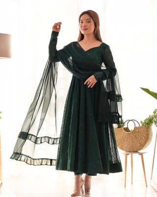 Green Elegant Lucknowi Sequin Work Anarkali Set with Ruffle Dupatta & Pant | Full Stitched Ready-to-Wear Fox Georgette Gown ClothsVilla