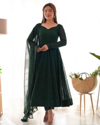 Green Elegant Lucknowi Sequin Work Anarkali Set with Ruffle Dupatta & Pant | Full Stitched Ready-to-Wear Fox Georgette Gown ClothsVilla
