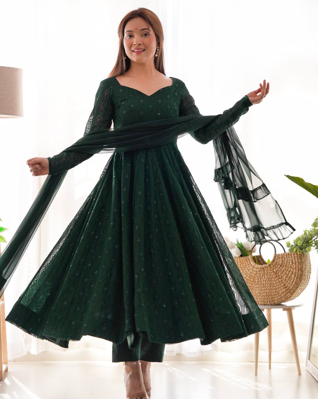 Green Elegant Lucknowi Sequin Work Anarkali Set with Ruffle Dupatta & Pant | Full Stitched Ready-to-Wear Fox Georgette Gown ClothsVilla
