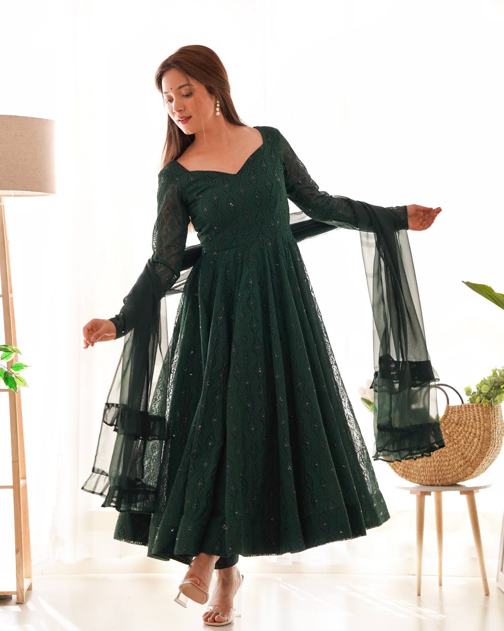 Green Elegant Lucknowi Sequin Work Anarkali Set with Ruffle Dupatta & Pant | Full Stitched Ready-to-Wear Fox Georgette Gown ClothsVilla