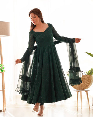 Green Elegant Lucknowi Sequin Work Anarkali Set with Ruffle Dupatta & Pant | Full Stitched Ready-to-Wear Fox Georgette Gown ClothsVilla