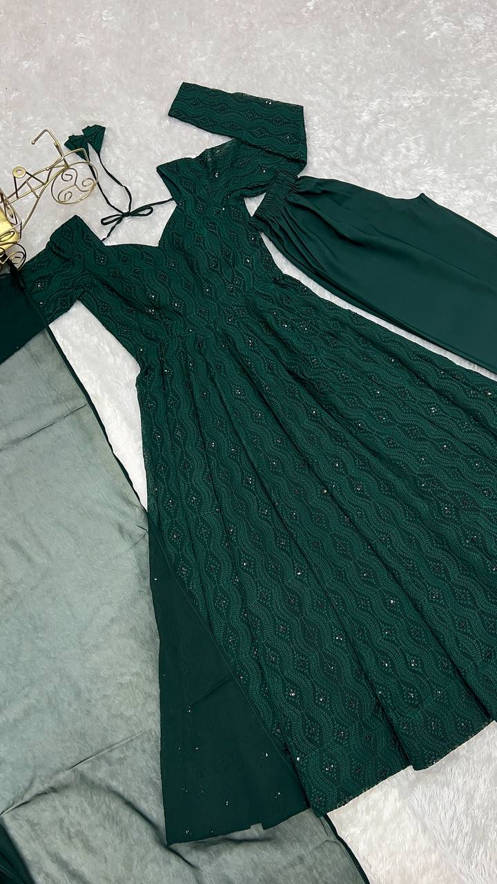 Green Elegant Lucknowi Sequin Work Anarkali Set with Ruffle Dupatta & Pant | Full Stitched Ready-to-Wear Fox Georgette Gown ClothsVilla