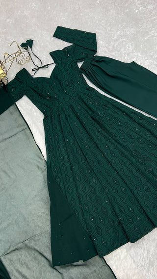 Green Elegant Lucknowi Sequin Work Anarkali Set with Ruffle Dupatta & Pant | Full Stitched Ready-to-Wear Fox Georgette Gown ClothsVilla