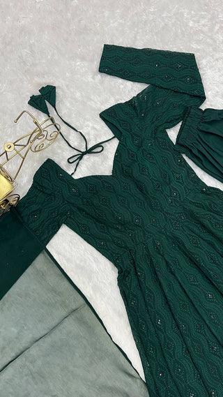 Green Elegant Lucknowi Sequin Work Anarkali Set with Ruffle Dupatta & Pant | Full Stitched Ready-to-Wear Fox Georgette Gown ClothsVilla