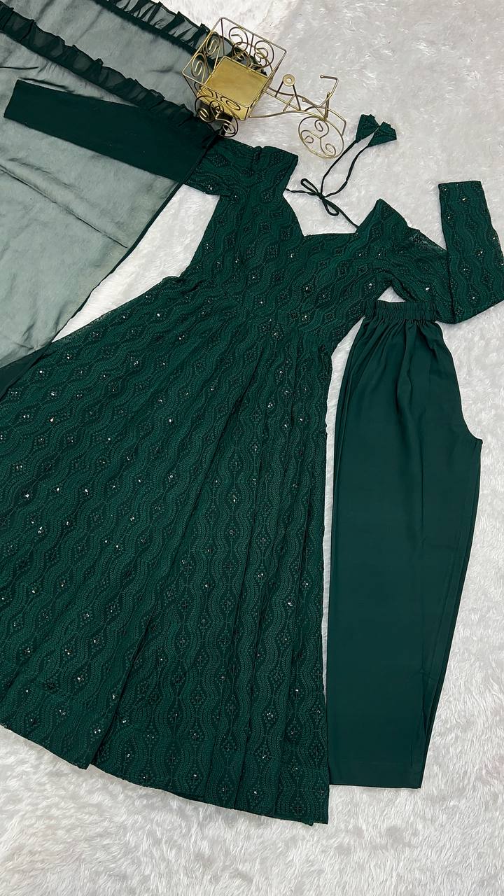 Green Elegant Lucknowi Sequin Work Anarkali Set with Ruffle Dupatta & Pant | Full Stitched Ready-to-Wear Fox Georgette Gown ClothsVilla