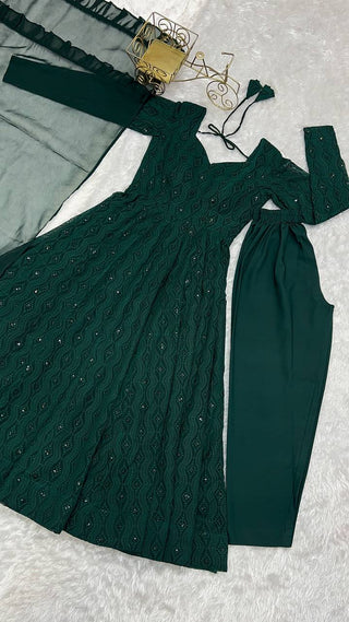 Green Elegant Lucknowi Sequin Work Anarkali Set with Ruffle Dupatta & Pant | Full Stitched Ready-to-Wear Fox Georgette Gown ClothsVilla