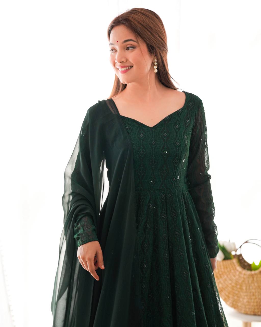 Green Elegant Lucknowi Sequin Work Anarkali Set with Ruffle Dupatta & Pant | Full Stitched Ready-to-Wear Fox Georgette Gown ClothsVilla