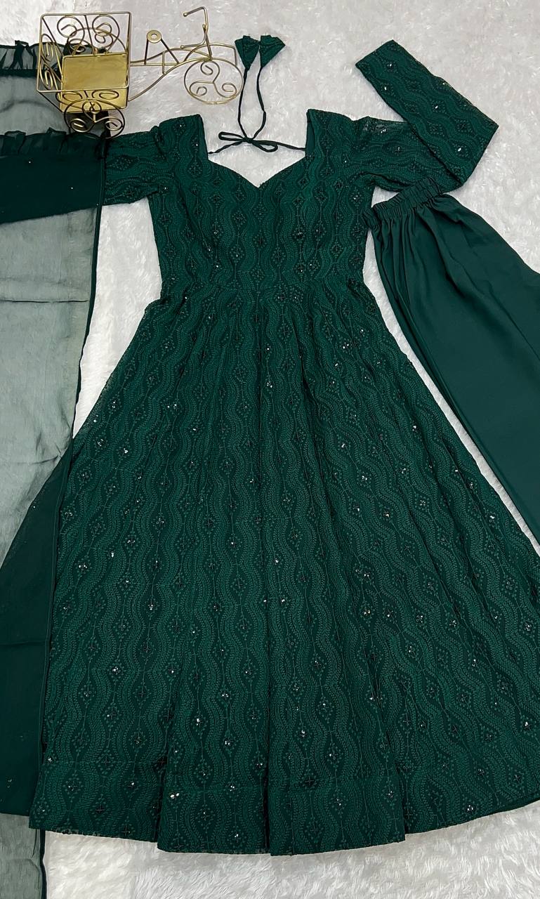 Green Elegant Lucknowi Sequin Work Anarkali Set with Ruffle Dupatta & Pant | Full Stitched Ready-to-Wear Fox Georgette Gown ClothsVilla