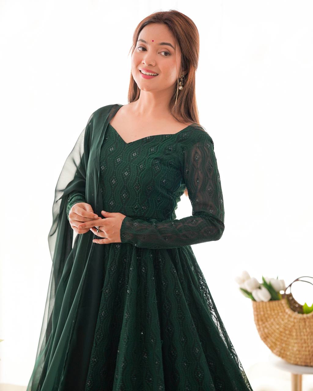 Green Elegant Lucknowi Sequin Work Anarkali Set with Ruffle Dupatta & Pant | Full Stitched Ready-to-Wear Fox Georgette Gown ClothsVilla