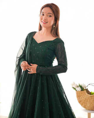 Green Elegant Lucknowi Sequin Work Anarkali Set with Ruffle Dupatta & Pant | Full Stitched Ready-to-Wear Fox Georgette Gown ClothsVilla