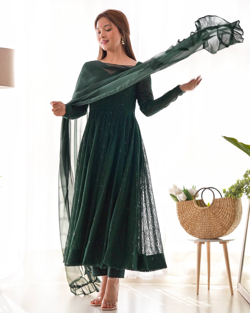 Green Elegant Lucknowi Sequin Work Anarkali Set with Ruffle Dupatta & Pant | Full Stitched Ready-to-Wear Fox Georgette Gown ClothsVilla