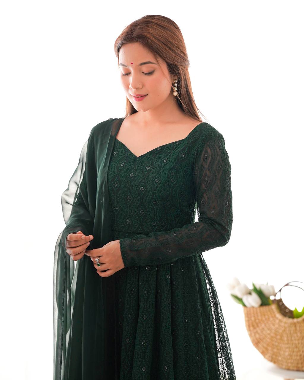 Green Elegant Lucknowi Sequin Work Anarkali Set with Ruffle Dupatta & Pant | Full Stitched Ready-to-Wear Fox Georgette Gown ClothsVilla