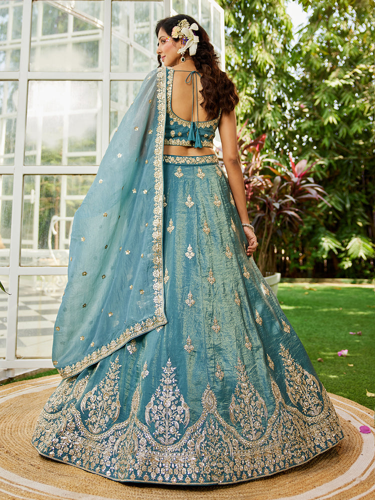Green Elegant Organza Semi-Stitched Lehenga Set with Sequin & Thread Embroidery ClothsVilla
