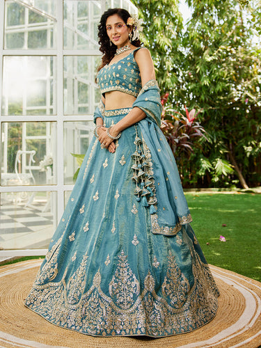 Green Elegant Organza Semi-Stitched Lehenga Set with Sequin & Thread Embroidery ClothsVilla