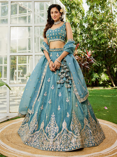 Green Elegant Organza Semi-Stitched Lehenga Set with Sequin & Thread Embroidery ClothsVilla