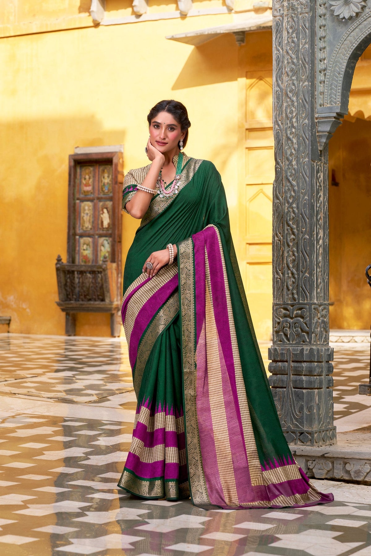 Green Elegant Poly Cotton Saree with Printed & Zari Weaving Work ClothsVilla Main image