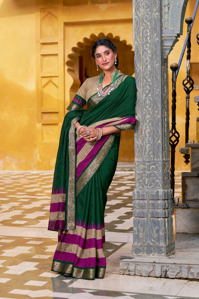 Green Elegant Poly Cotton Saree with Printed & Zari Weaving Work ClothsVilla