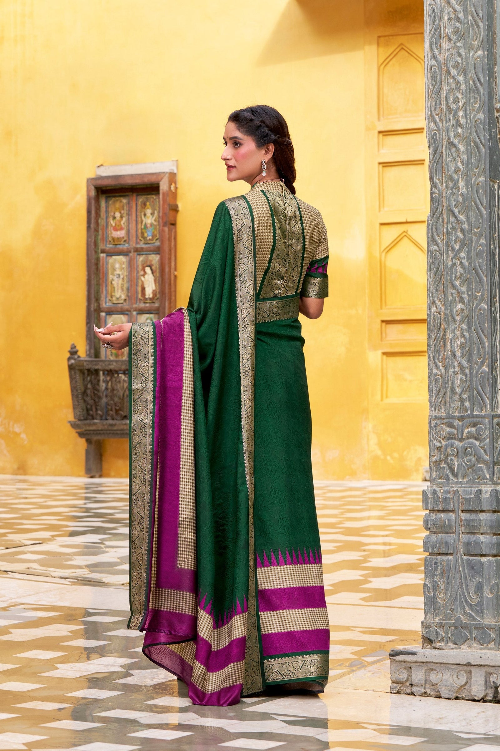 Green Elegant Poly Cotton Saree with Printed & Zari Weaving Work ClothsVilla