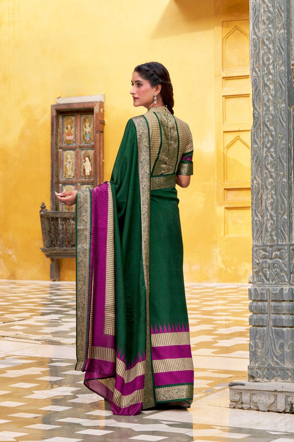 Green Elegant Poly Cotton Saree with Printed & Zari Weaving Work ClothsVilla
