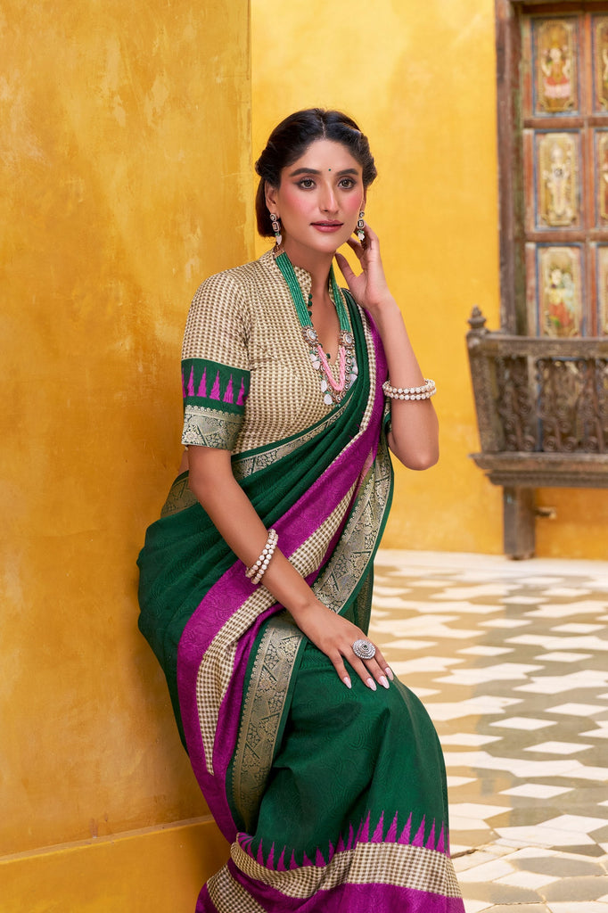 Green Elegant Poly Cotton Saree with Printed & Zari Weaving Work ClothsVilla