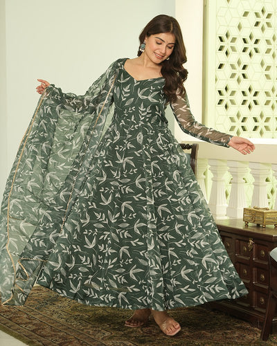 Green Elegant Printed Three-Piece Anarkali Suit ClothsVilla