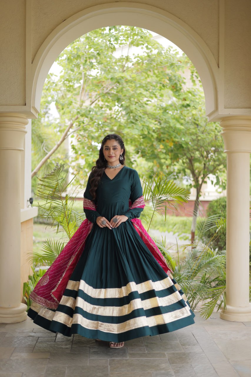 Green Elegant Rayon Gown with Dupatta ClothsVilla