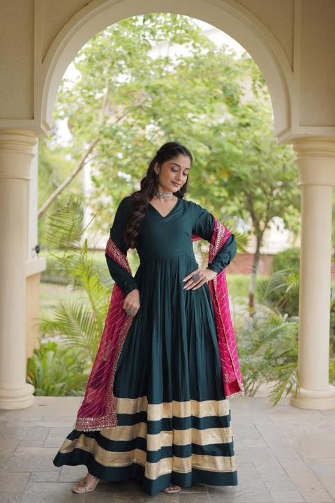 Green Elegant Rayon Gown with Dupatta ClothsVilla Main image