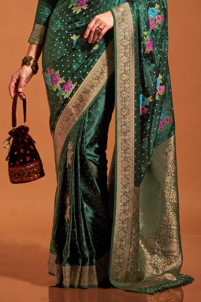 Green Elegant Satin Traditional Saree with Zari & Thread Work ClothsVilla