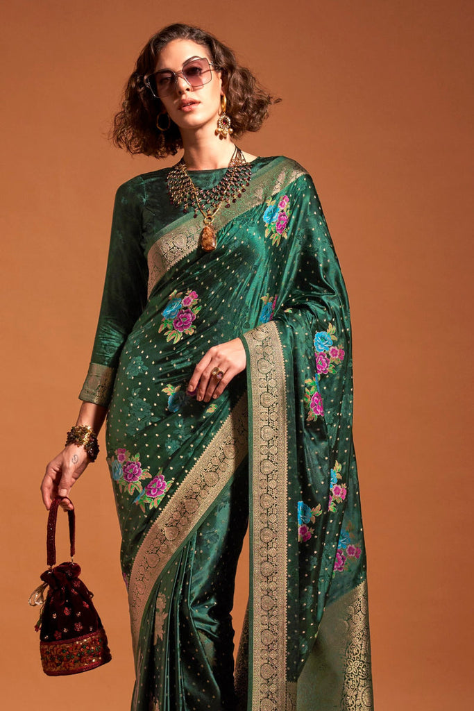 Green Elegant Satin Traditional Saree with Zari & Thread Work ClothsVilla