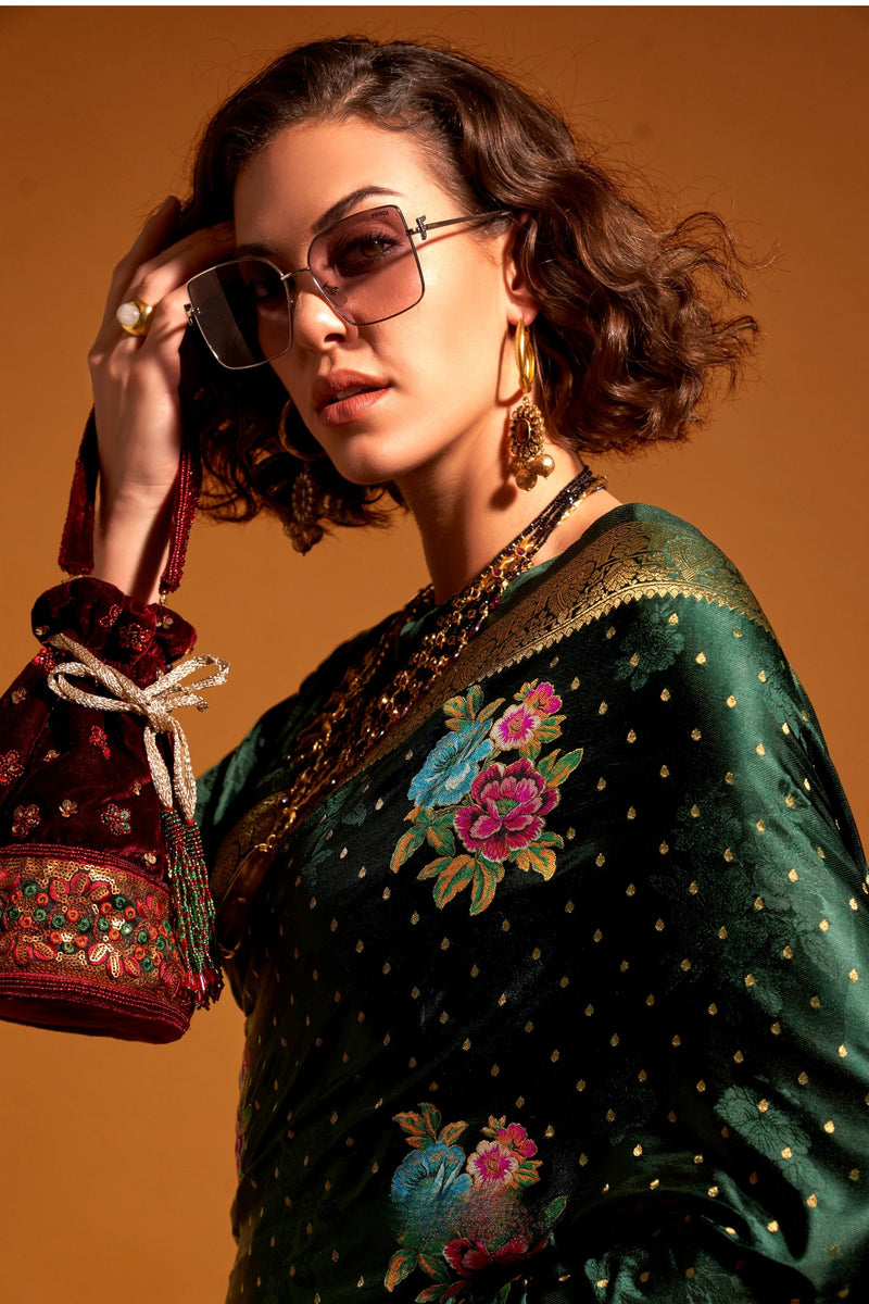 Green Elegant Satin Traditional Saree with Zari & Thread Work ClothsVilla