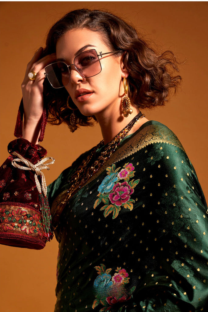 Green Elegant Satin Traditional Saree with Zari & Thread Work ClothsVilla