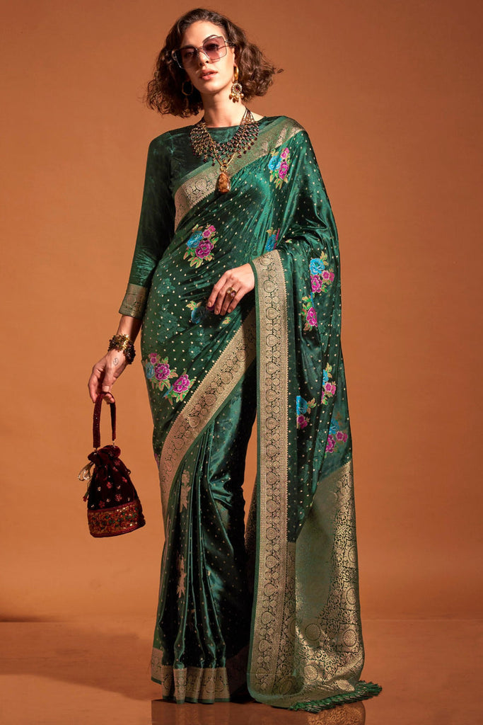 Green Elegant Satin Traditional Saree with Zari & Thread Work ClothsVilla