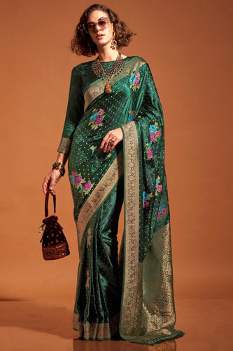 Green Elegant Satin Traditional Saree with Zari & Thread Work ClothsVilla