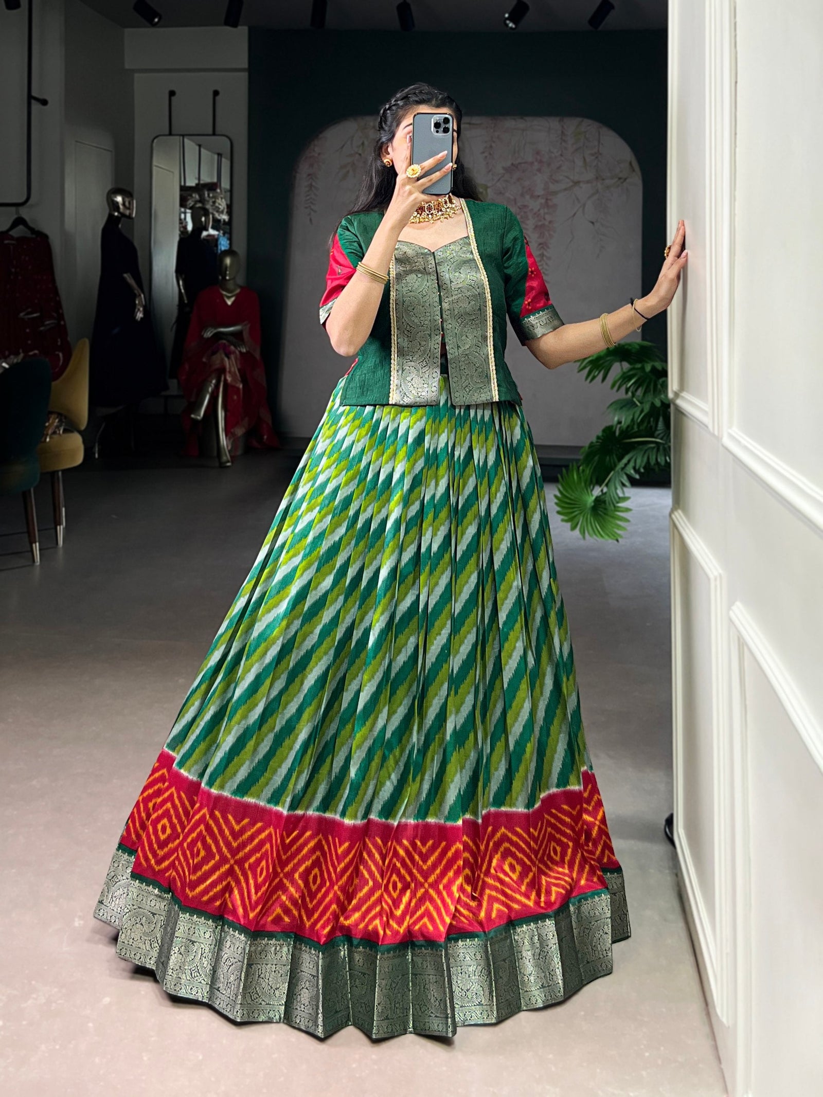 Green Elegant Tasar Silk Lehenga with Leheriya Print & Zari Work – Stitched Lehenga with Vichitra Silk Blouse ClothsVilla