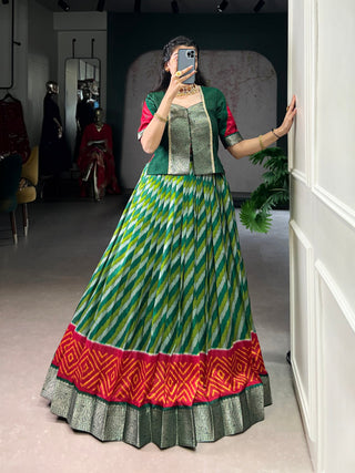 Green Elegant Tasar Silk Lehenga with Leheriya Print & Zari Work – Stitched Lehenga with Vichitra Silk Blouse ClothsVilla