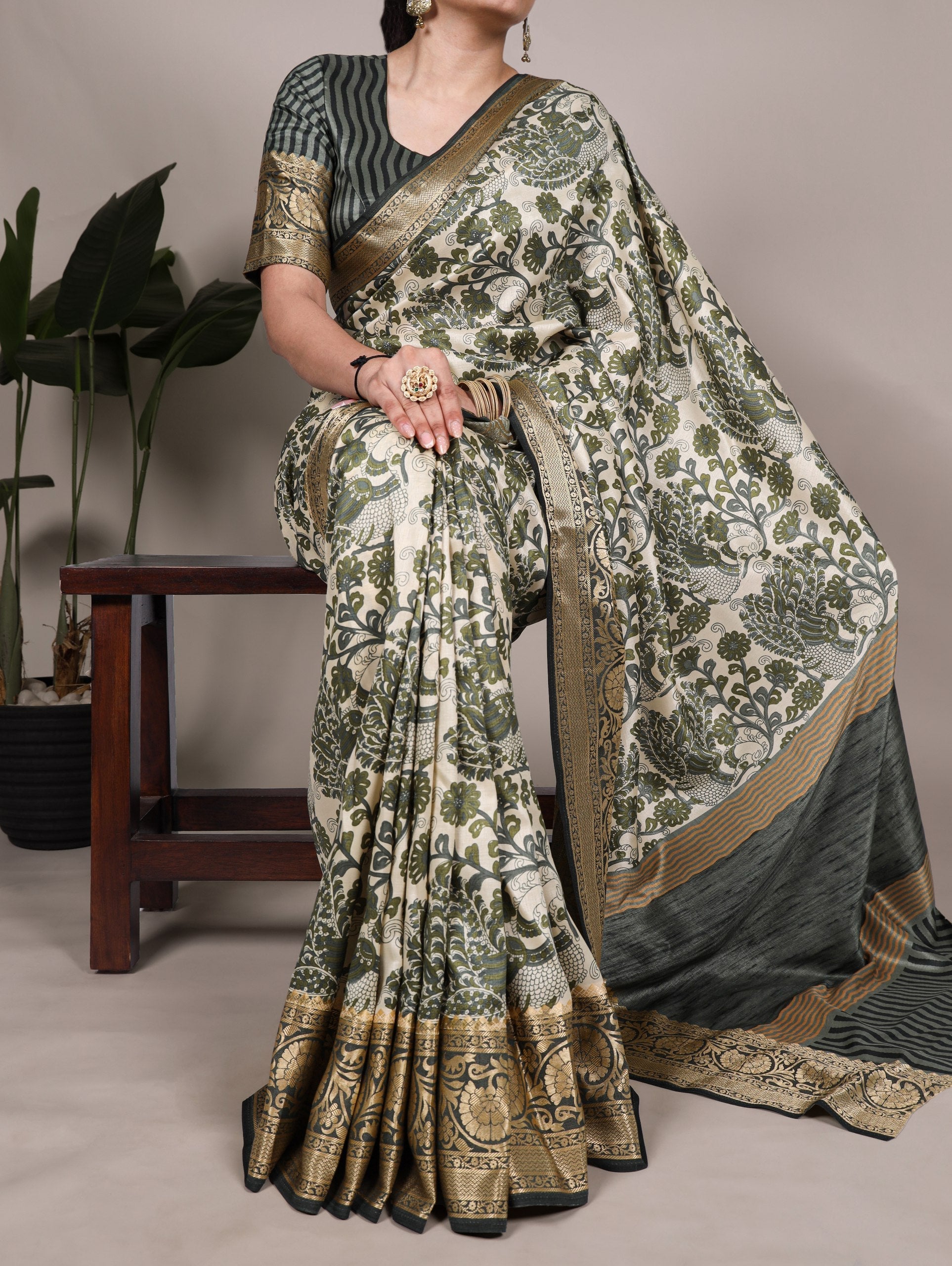 Green Elegant Tasar Silk Printed Saree with Viscose Border & Unstitched Blouse – 5.5 Meter Traditional Silk Saree ClothsVilla Main image