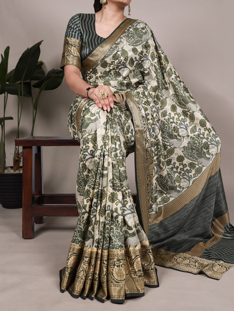 Green Elegant Tasar Silk Printed Saree with Viscose Border & Unstitched Blouse – 5.5 Meter Traditional Silk Saree ClothsVilla Main image