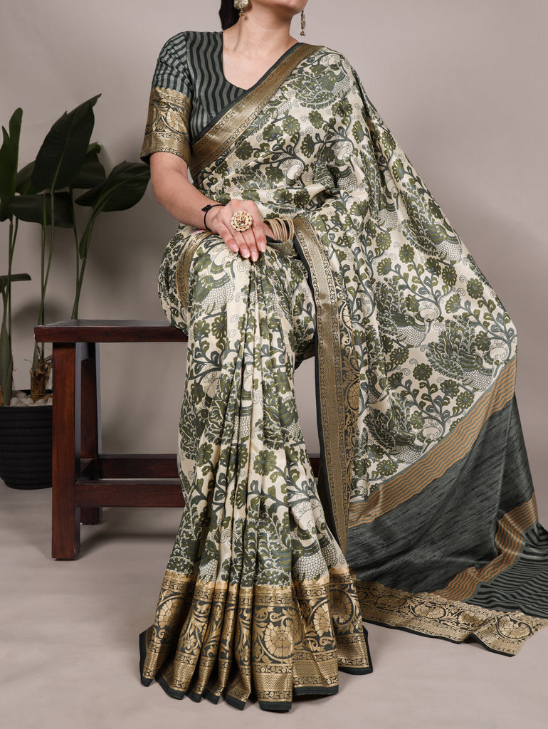 Green Elegant Tasar Silk Printed Saree with Viscose Border & Unstitched Blouse – 5.5 Meter Traditional Silk Saree ClothsVilla