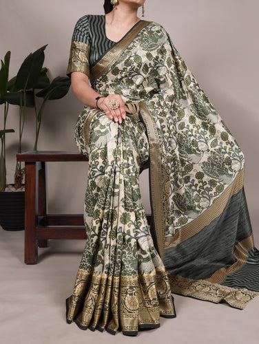 Green Elegant Tasar Silk Printed Saree with Viscose Border & Unstitched Blouse – 5.5 Meter Traditional Silk Saree ClothsVilla