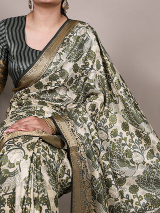 Green Elegant Tasar Silk Printed Saree with Viscose Border & Unstitched Blouse – 5.5 Meter Traditional Silk Saree ClothsVilla