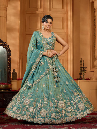 Green Elegant Tissue Lehenga Choli with Matching Dupatta – Sequins, Stones & Thread Embroidery Festive & Party Wear ClothsVilla