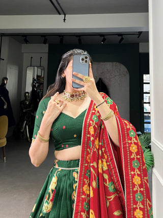 Green Elegant Tussar Silk Printed Lehenga Set with Foil Work & Gotta Patti Dupatta ClothsVilla