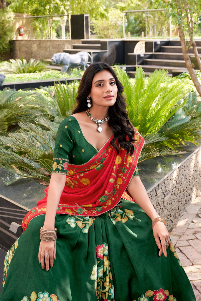 Green Elegant Tussar Silk Printed Lehenga Set with Foil Work & Gotta Patti Dupatta ClothsVilla