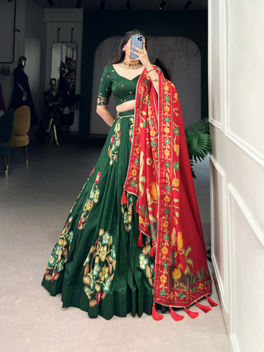 Green Elegant Tussar Silk Printed Lehenga Set with Foil Work & Gotta Patti Dupatta ClothsVilla
