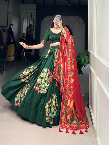 Green Elegant Tussar Silk Printed Lehenga Set with Foil Work & Gotta Patti Dupatta ClothsVilla