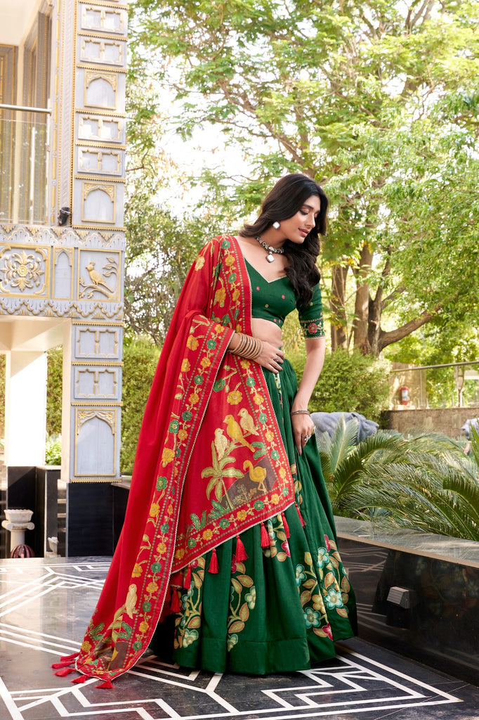 Green Elegant Tussar Silk Printed Lehenga Set with Foil Work & Gotta Patti Dupatta ClothsVilla